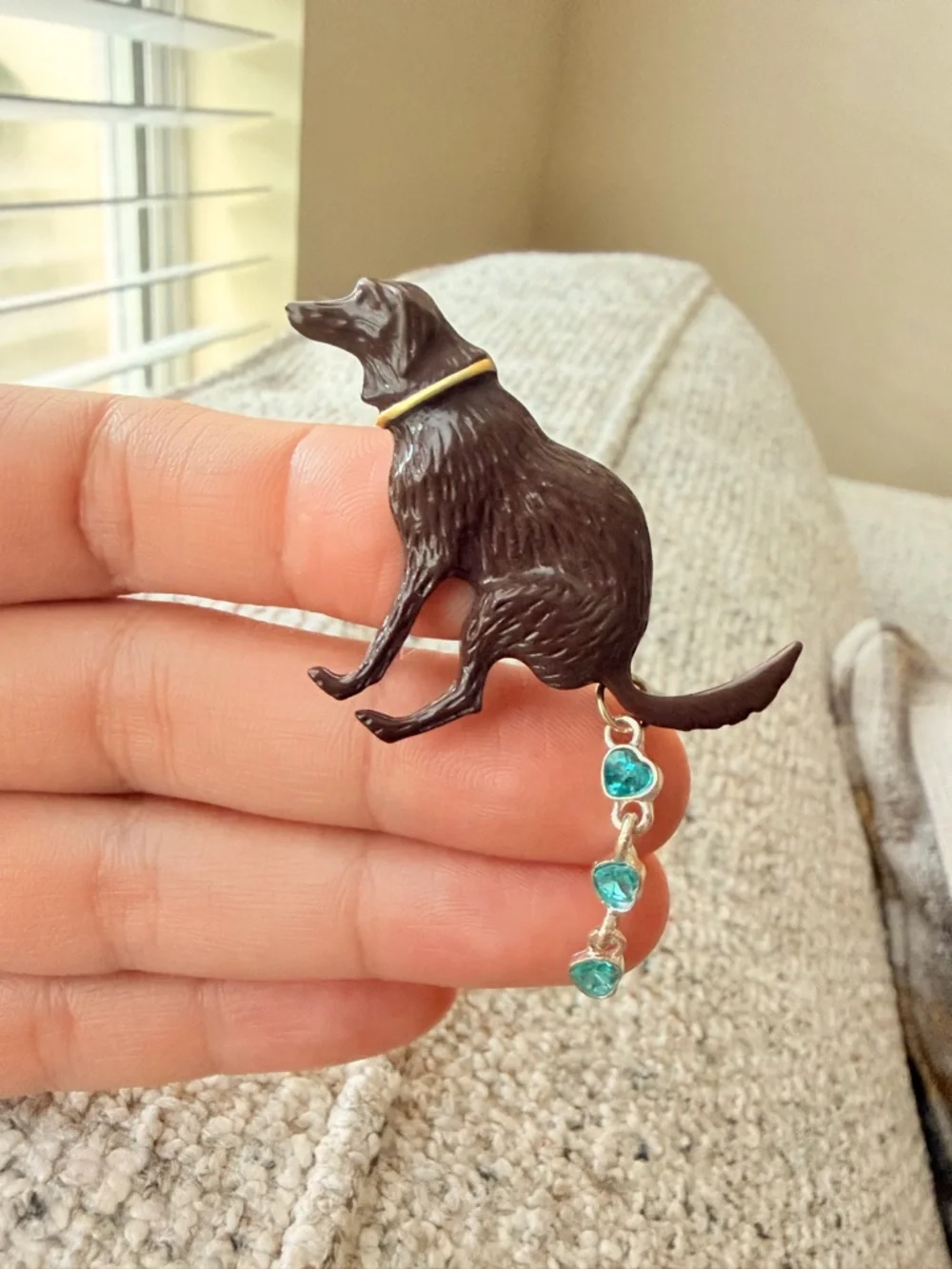 Dog Pendant Brooch with Teal Gem Dangles - Pooping dog
